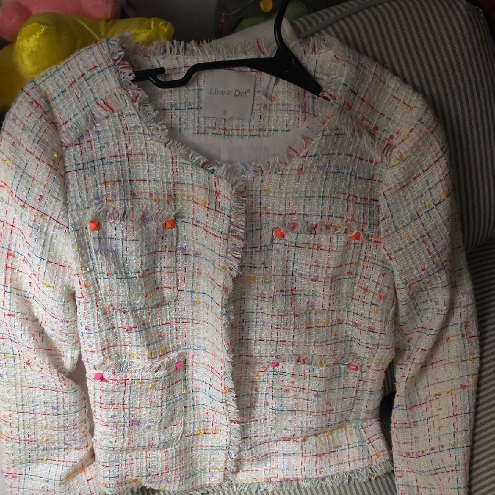 Line & Dot White Tweed Jacket with Multicolor Threading